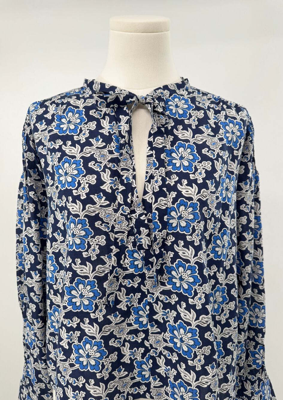 J Crew Navy Floral Top Tie Neck Popover Blouse Long Sleeve Flowy Cotton Blend M